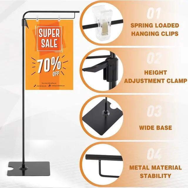 Alt view image 4 of 6 - 1 Pcs Adjustable Hanging Poster Stand Sign Holder 43-87 Inch Pallet Floor Standing Poster Display Black Heavy Duty Double Sided Clip on Mobile Banner Stand with Base for Outdoor Hanging Display