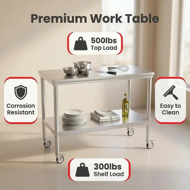 Alt view image 7 of 7 - Stainless Steel Pulley Workbench with Casters, Commercial Heavy-Duty Workbench and Preparation Table with Lower Shelf, Suitable for Restaurant Kitchens, Outdoor BBQs, and Garages (24 * 48Inch)