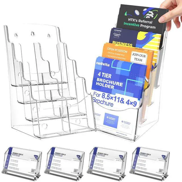 Main image of 2 Pcs Acrylic Brochure Holder 8.5x11 Inch, 4 Tier Clear Pamphlet Holder, With Removable Divider for 4 x9 Inch Flyer Holder, Wall Mount or Desktop Use (With Business Card Holder)