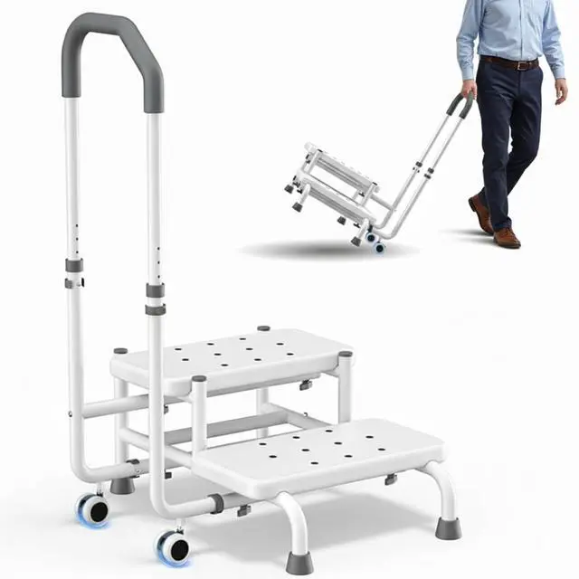 Main image of 2 Step Stool with Handle & Wheels for Seniors, Elderly and Adults | 400 lbs Capacity, Heavy Duty Bed Step for High Beds, Adjustable 5-Level Handrail, Non-Slip Wide Steps, Non-Skid Rubber Feet
