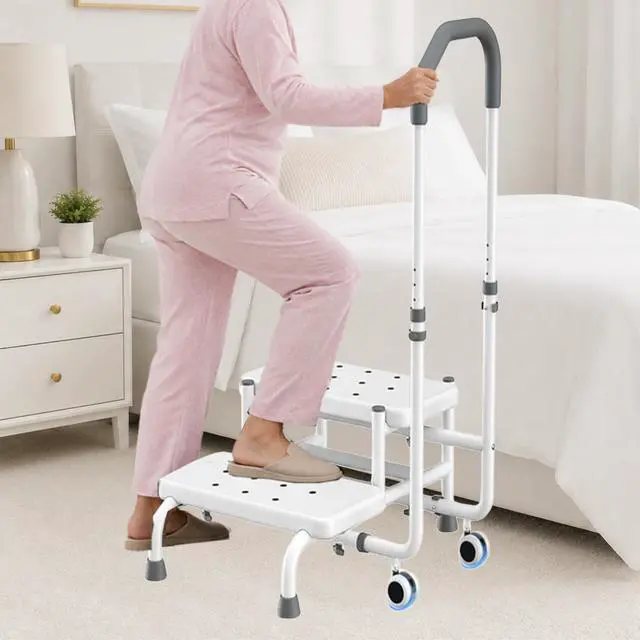 Alt view image 2 of 7 - 2 Step Stool with Handle & Wheels for Seniors, Elderly and Adults | 400 lbs Capacity, Heavy Duty Bed Step for High Beds, Adjustable 5-Level Handrail, Non-Slip Wide Steps, Non-Skid Rubber Feet
