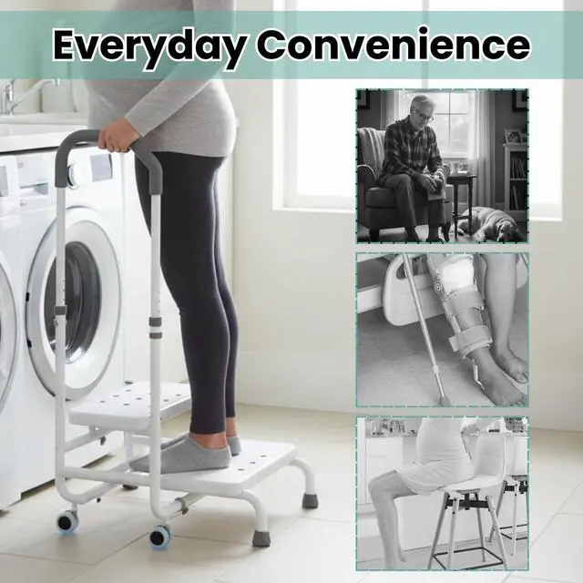Alt view image 3 of 7 - 2 Step Stool with Handle & Wheels for Seniors, Elderly and Adults | 400 lbs Capacity, Heavy Duty Bed Step for High Beds, Adjustable 5-Level Handrail, Non-Slip Wide Steps, Non-Skid Rubber Feet