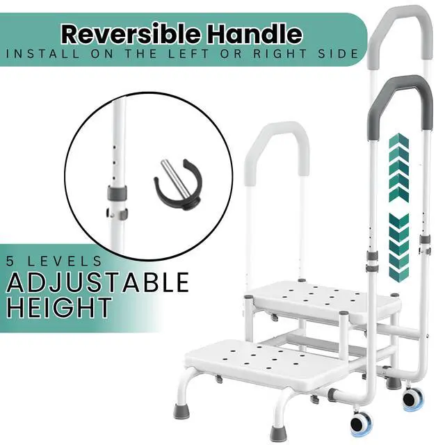 Alt view image 4 of 7 - 2 Step Stool with Handle & Wheels for Seniors, Elderly and Adults | 400 lbs Capacity, Heavy Duty Bed Step for High Beds, Adjustable 5-Level Handrail, Non-Slip Wide Steps, Non-Skid Rubber Feet