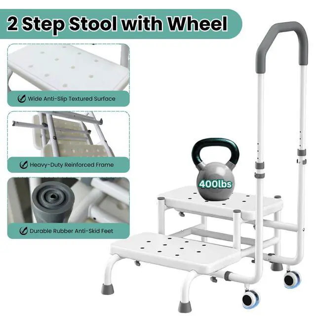 Alt view image 5 of 7 - 2 Step Stool with Handle & Wheels for Seniors, Elderly and Adults | 400 lbs Capacity, Heavy Duty Bed Step for High Beds, Adjustable 5-Level Handrail, Non-Slip Wide Steps, Non-Skid Rubber Feet