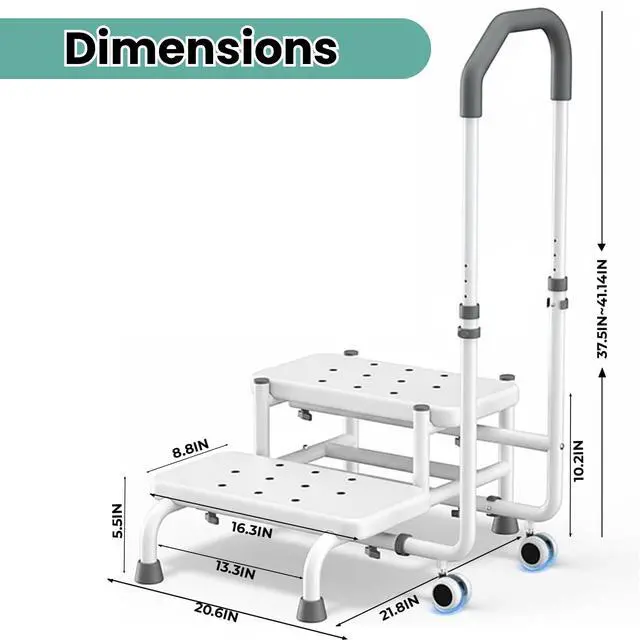 Alt view image 7 of 7 - 2 Step Stool with Handle & Wheels for Seniors, Elderly and Adults | 400 lbs Capacity, Heavy Duty Bed Step for High Beds, Adjustable 5-Level Handrail, Non-Slip Wide Steps, Non-Skid Rubber Feet