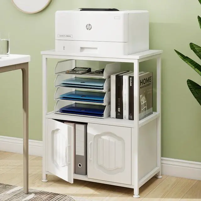Alt view image 3 of 7 - 3 Tier Printer Stand, Filling File Cabinet with Open Shelves,White | Filling Cabinet with Book Shelf, Office Vertical Open Cabinet, Decorative Wood Printer Cabinet with Storage for Home Office