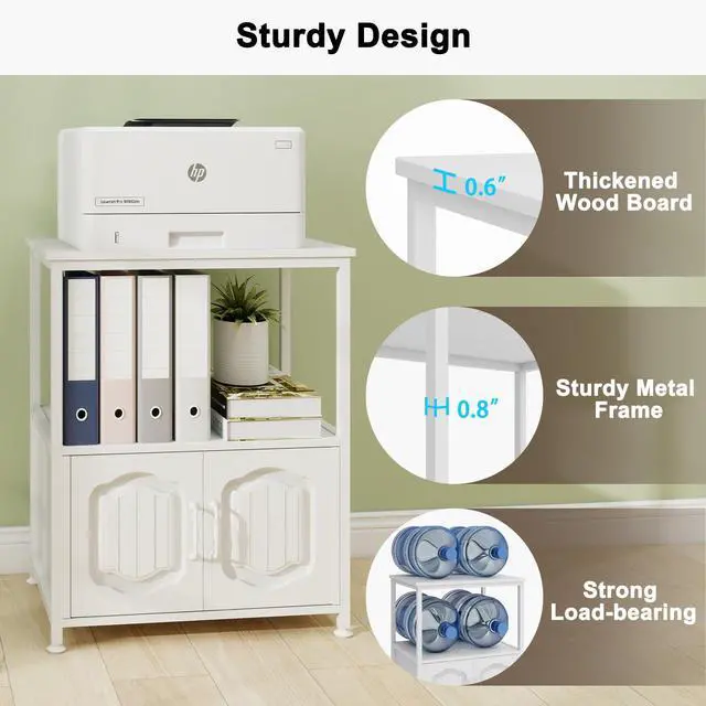Alt view image 5 of 7 - 3 Tier Printer Stand, Filling File Cabinet with Open Shelves,White | Filling Cabinet with Book Shelf, Office Vertical Open Cabinet, Decorative Wood Printer Cabinet with Storage for Home Office
