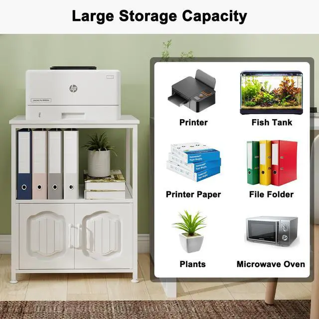 Alt view image 6 of 7 - 3 Tier Printer Stand, Filling File Cabinet with Open Shelves,White | Filling Cabinet with Book Shelf, Office Vertical Open Cabinet, Decorative Wood Printer Cabinet with Storage for Home Office