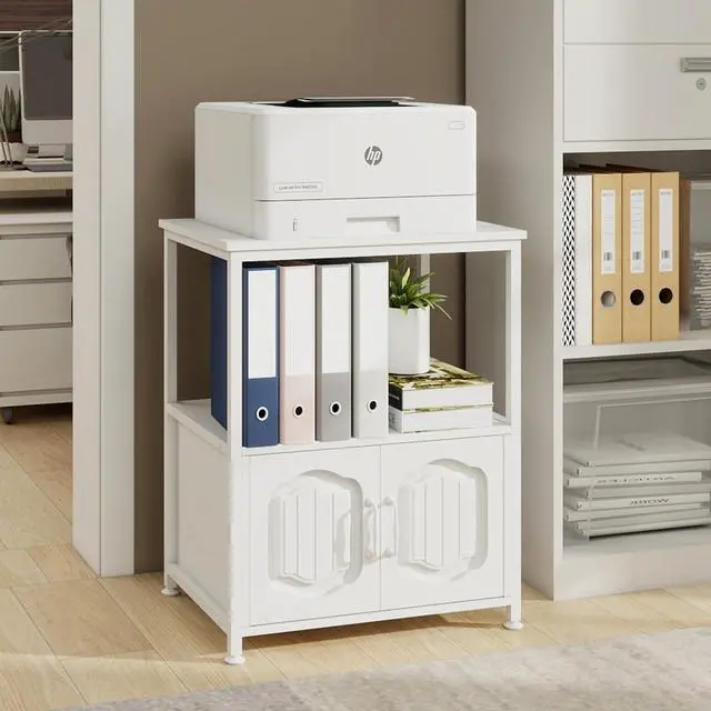 Alt view image 4 of 7 - 3 Tier Printer Stand, Filling File Cabinet with Open Shelves,White | Filling Cabinet with Book Shelf, Office Vertical Open Cabinet, Decorative Wood Printer Cabinet with Storage for Home Office