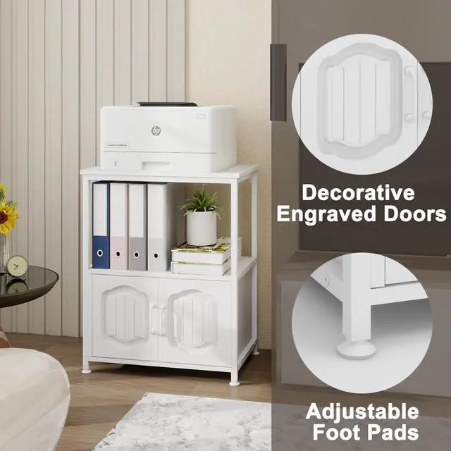 Alt view image 7 of 7 - 3 Tier Printer Stand, Filling File Cabinet with Open Shelves,White | Filling Cabinet with Book Shelf, Office Vertical Open Cabinet, Decorative Wood Printer Cabinet with Storage for Home Office
