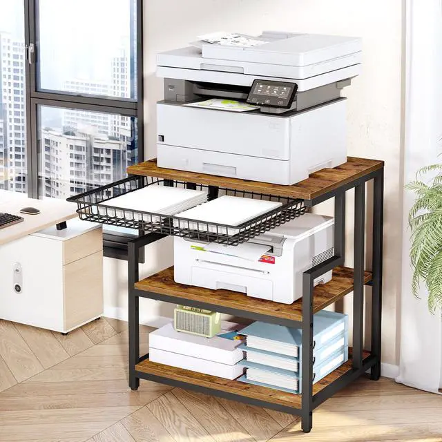 Alt view image 3 of 7 - 23.6'' x 19.7'' Extra Large Printer Stand with Drawer, Printer Table with Adjustable Shelf, 3-Tier Printer Cart with Storage, for Heat Press Scanner Fax, Rustic Brown and Black BF10PS01