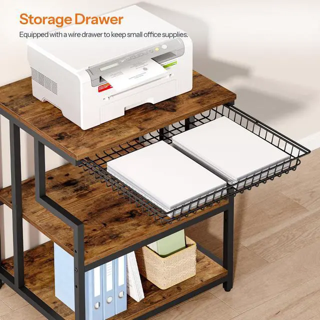 Alt view image 5 of 7 - 23.6'' x 19.7'' Extra Large Printer Stand with Drawer, Printer Table with Adjustable Shelf, 3-Tier Printer Cart with Storage, for Heat Press Scanner Fax, Rustic Brown and Black BF10PS01