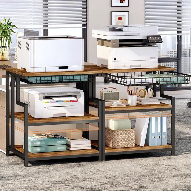 Alt view image 4 of 7 - 23.6'' x 19.7'' Extra Large Printer Stand with Drawer, Printer Table with Adjustable Shelf, 3-Tier Printer Cart with Storage, for Heat Press Scanner Fax, Rustic Brown and Black BF10PS01