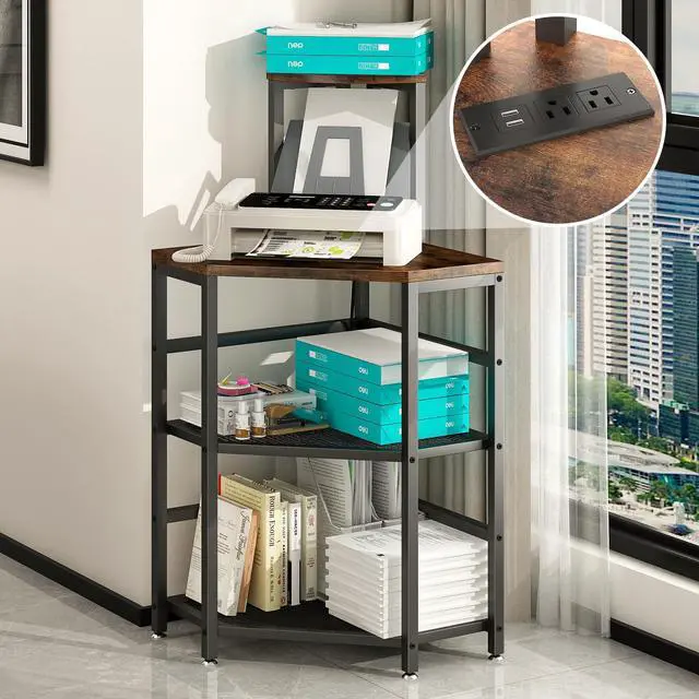Alt view image 2 of 7 - 4-Tier Corner Printer Stand with Power Outlet and LED Lights, Rustic Brown | 4 Tier Storage, Corner Space Saving Design, Fits Laser Printer, Scanner and Office Supplies, Home Office Organization