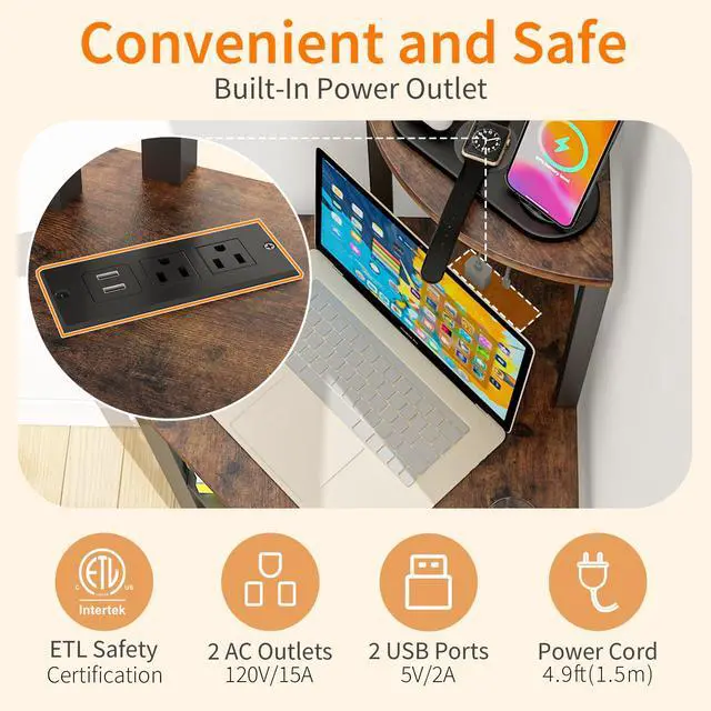 Alt view image 6 of 7 - 4-Tier Corner Printer Stand with Power Outlet and LED Lights, Rustic Brown | 4 Tier Storage, Corner Space Saving Design, Fits Laser Printer, Scanner and Office Supplies, Home Office Organization