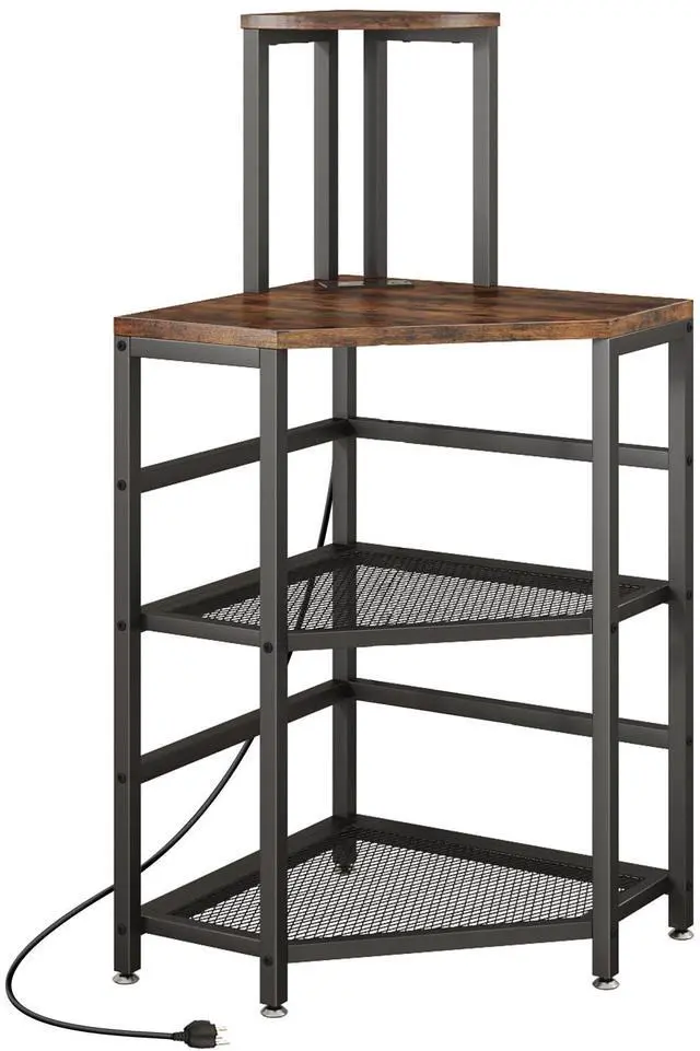 Main image of 4-Tier Corner Printer Stand with Power Outlet and LED Lights, Rustic Brown | 4 Tier Storage, Corner Space Saving Design, Fits Laser Printer, Scanner and Office Supplies, Home Office Organization