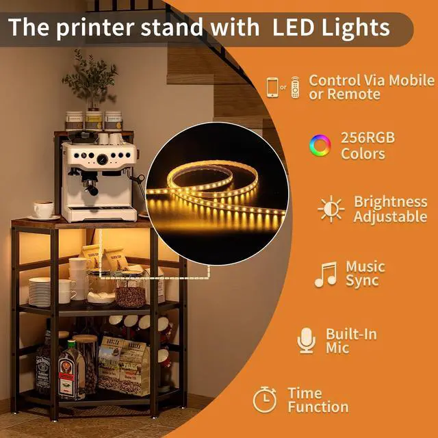 Alt view image 7 of 7 - 4-Tier Corner Printer Stand with Power Outlet and LED Lights, Rustic Brown | 4 Tier Storage, Corner Space Saving Design, Fits Laser Printer, Scanner and Office Supplies, Home Office Organization