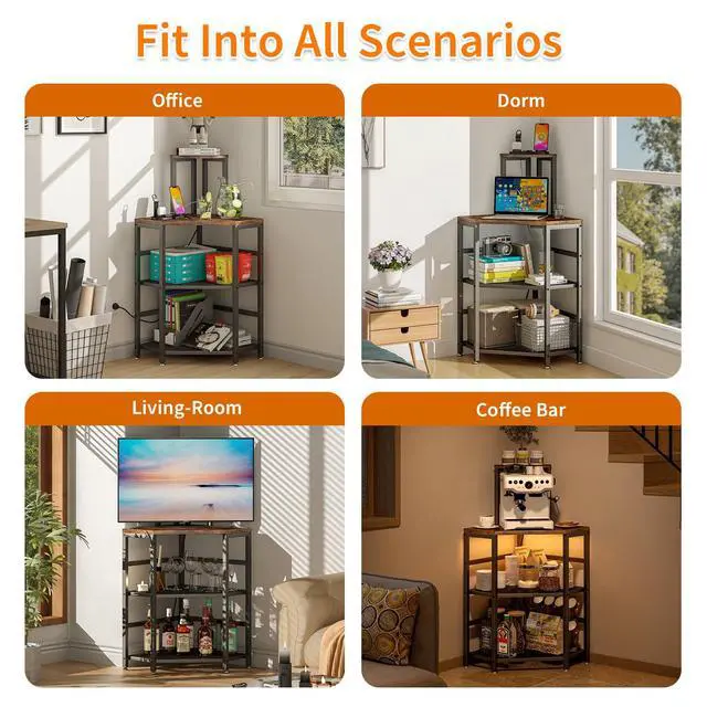 Alt view image 5 of 7 - 4-Tier Corner Printer Stand with Power Outlet and LED Lights, Rustic Brown | 4 Tier Storage, Corner Space Saving Design, Fits Laser Printer, Scanner and Office Supplies, Home Office Organization