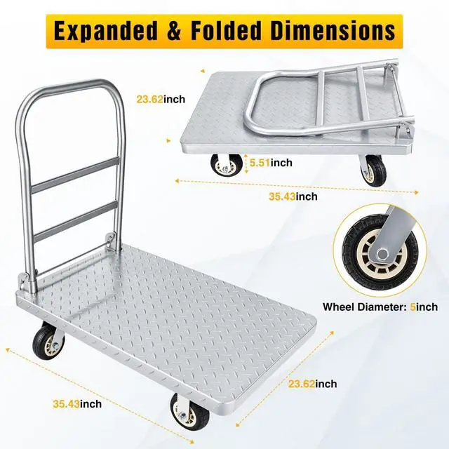 Alt view image 2 of 7 - Stainless Steel Platform Cart 1320 lbs Heavy Duty Flatbed Push Dolly with 5 Inch Rubber Wheels 36 x 24 Inch Platform Truck for Warehouse Industrial Use Black