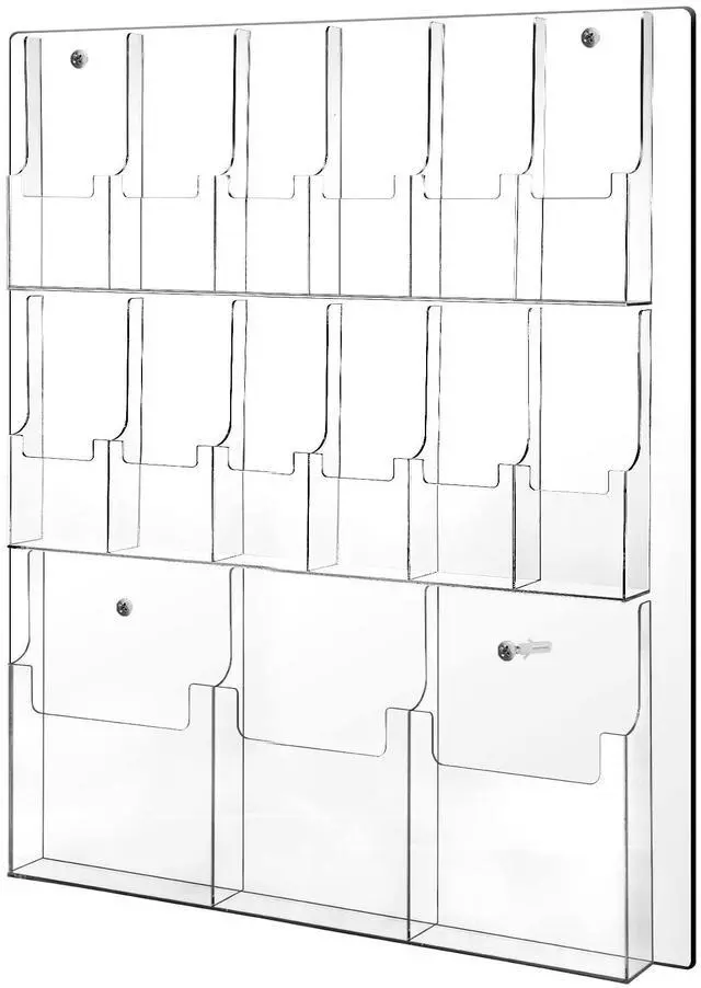 Main image of Acrylic Brochure Holder Wall Mount with 3 Magazine Pockets and 12 Pamphlet Pockets, Clear Plastic Pamphlet Holder Magazines Display Trifold Flyer Rack Hanging Literature Storage Organizer