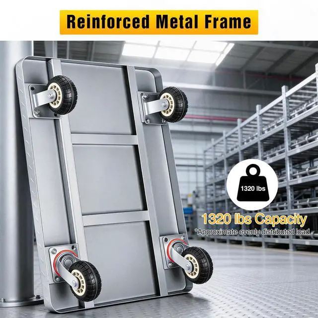 Alt view image 3 of 7 - Stainless Steel Platform Cart 1320 lbs Heavy Duty Flatbed Push Dolly with 5 Inch Rubber Wheels 36 x 24 Inch Platform Truck for Warehouse Industrial Use Black