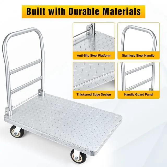 Alt view image 6 of 7 - Stainless Steel Platform Cart 1320 lbs Heavy Duty Flatbed Push Dolly with 5 Inch Rubber Wheels 36 x 24 Inch Platform Truck for Warehouse Industrial Use Black