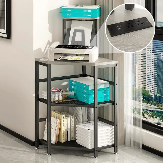 Alt view image 2 of 7 - 4-Tier Corner Printer Stand with Power Outlet and LED Lights, Greige | 4 Tier Storage, Corner Space Saving Design, Fits Laser Printer, Scanner and Office Supplies, Home Office Organization