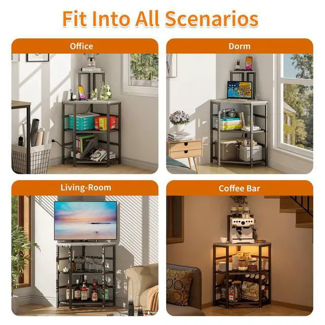 Alt view image 5 of 7 - 4-Tier Corner Printer Stand with Power Outlet and LED Lights, Greige | 4 Tier Storage, Corner Space Saving Design, Fits Laser Printer, Scanner and Office Supplies, Home Office Organization