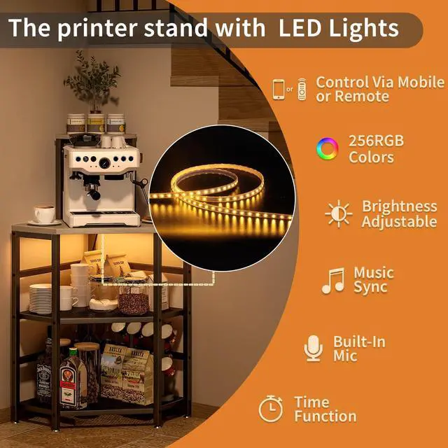 Alt view image 7 of 7 - 4-Tier Corner Printer Stand with Power Outlet and LED Lights, Greige | 4 Tier Storage, Corner Space Saving Design, Fits Laser Printer, Scanner and Office Supplies, Home Office Organization