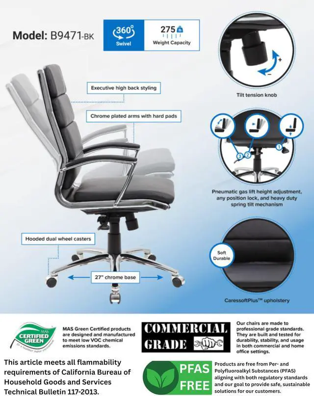 Alt view image 5 of 7 - CaressoftPlus Executive Chair, Traditional, Metal Chrome Finish (B9471-BK)
