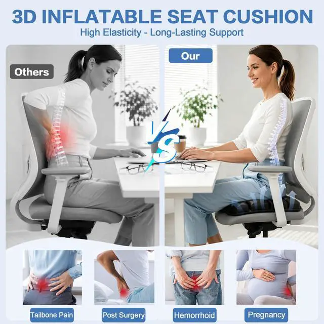 Alt view image 3 of 7 - 3-Layer Inflatable Seat Cushion, Ergonomic Memory Foam & Air Support Tailbone Pain Relief Cushion, Portable Breathable & Leak-Proof Pad for Airplane, Office, Car, Camping & Wheelchair