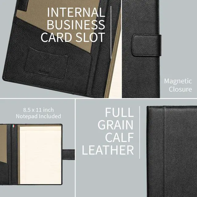 Alt view image 3 of 7 - Italian Leather Executive Padfolio, Folder Organizer with Magnetic Closure and Writing Pad, Handmade in Italy, Black