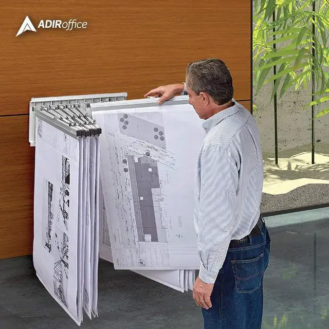 Alt view image 5 of 7 - Adir Wall Mount Blueprint Rack - Blue Print Organizer, Poster Wall Mount Display, Map Storage Holder with 12 Pivot Brackets - Plan Rack for Office (Without Blueprint Clamps)