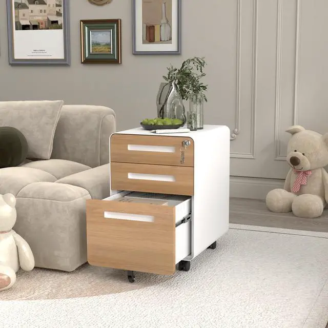 Alt view image 2 of 7 - 3 Drawer File Cabinet with Lock, Fully Assembled | Under Desk Mobile Metal Filing Cabinet for Home Office, 5 Wheel Anti-Tilt Rolling File Cabinets for A4/Letter/Legal Size