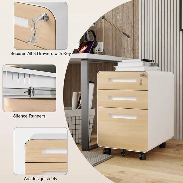 Alt view image 5 of 7 - 3 Drawer File Cabinet with Lock, Fully Assembled | Under Desk Mobile Metal Filing Cabinet for Home Office, 5 Wheel Anti-Tilt Rolling File Cabinets for A4/Letter/Legal Size