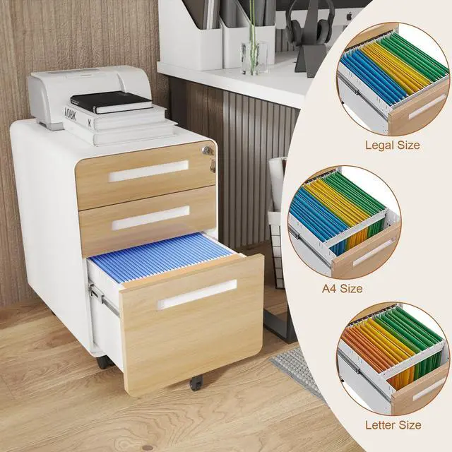 Alt view image 7 of 7 - 3 Drawer File Cabinet with Lock, Fully Assembled | Under Desk Mobile Metal Filing Cabinet for Home Office, 5 Wheel Anti-Tilt Rolling File Cabinets for A4/Letter/Legal Size