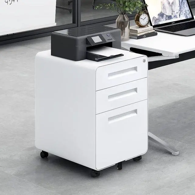 Alt view image 2 of 7 - 3 Drawer File Cabinet with Lock, Fully Assembled | Under Desk Mobile Metal Filing Cabinet for Home Office, 5 Wheel Anti-Tilt Rolling File Cabinets for A4/Letter/Legal Size