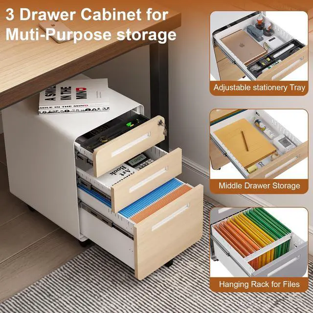 Alt view image 4 of 7 - 3 Drawer File Cabinet with Lock, Fully Assembled | Under Desk Mobile Metal Filing Cabinet for Home Office, 5 Wheel Anti-Tilt Rolling File Cabinets for A4/Letter/Legal Size