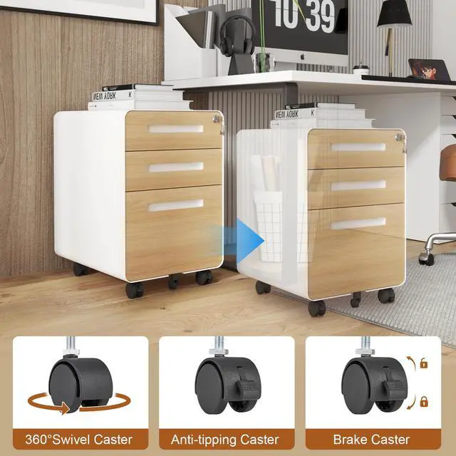Alt view image 6 of 7 - 3 Drawer File Cabinet with Lock, Fully Assembled | Under Desk Mobile Metal Filing Cabinet for Home Office, 5 Wheel Anti-Tilt Rolling File Cabinets for A4/Letter/Legal Size