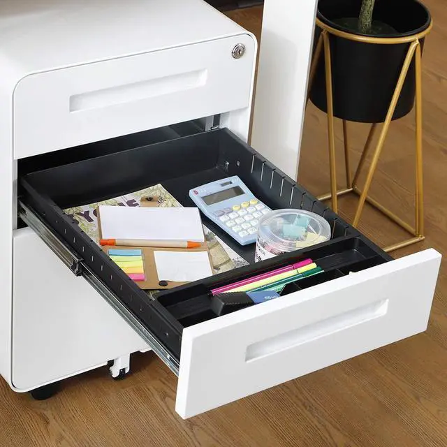 Alt view image 5 of 7 - 3 Drawer File Cabinet with Lock, Fully Assembled | Under Desk Mobile Metal Filing Cabinet for Home Office, 5 Wheel Anti-Tilt Rolling File Cabinets for A4/Letter/Legal Size