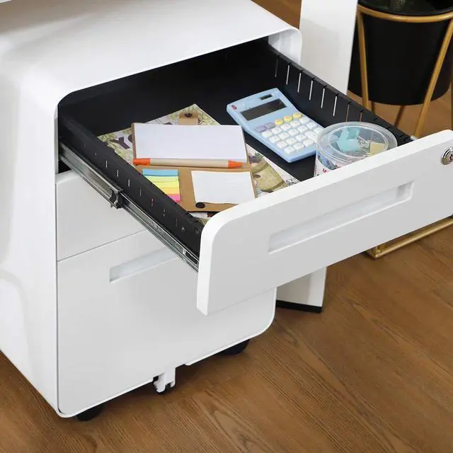 Alt view image 6 of 7 - 3 Drawer File Cabinet with Lock, Fully Assembled | Under Desk Mobile Metal Filing Cabinet for Home Office, 5 Wheel Anti-Tilt Rolling File Cabinets for A4/Letter/Legal Size