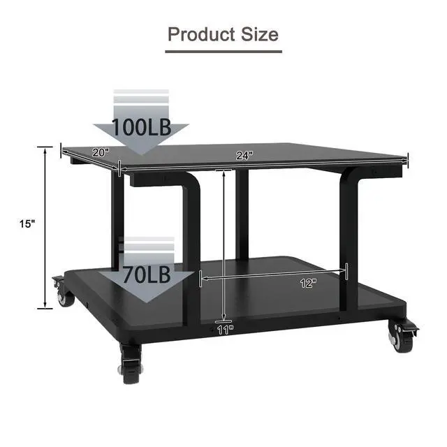 Alt view image 3 of 7 - 2 Tier Laser Printer Stand,24''x20'' Under Desk Printer Cart, Black | Large Copier Stand with Wheels,Heavy Duty Printer Table for Home Office,Side Table for Living Room,Safe Rounded Edge Design