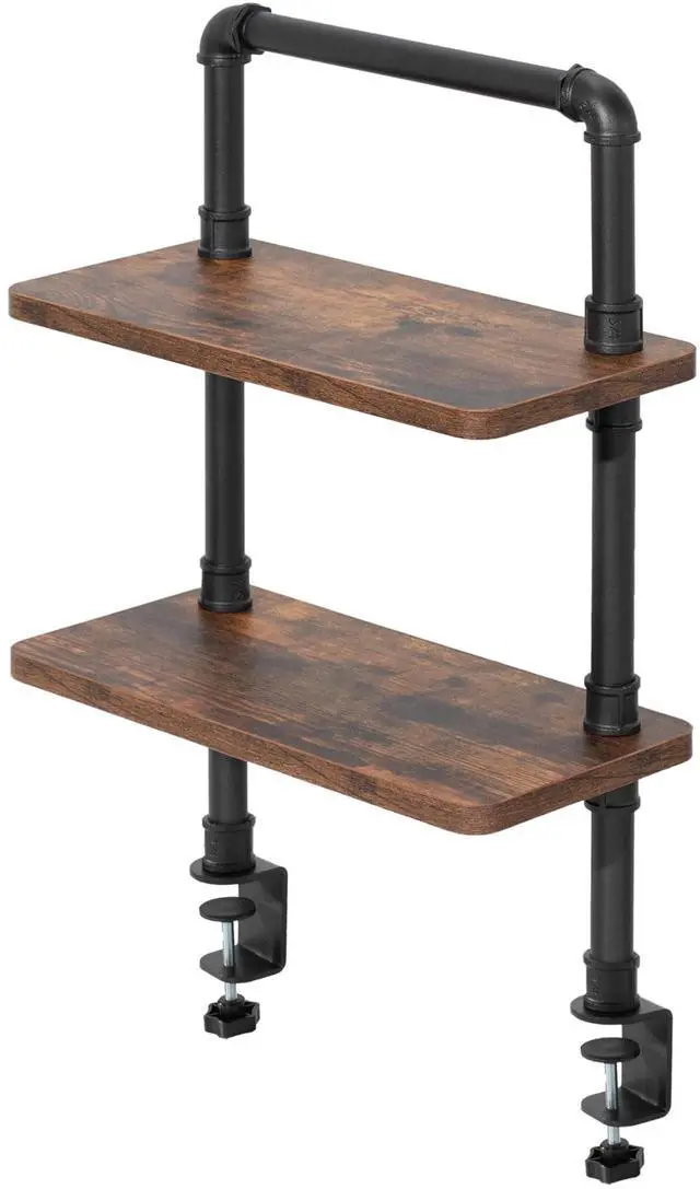 Main image of Clamp-on Premium 16 inch Industrial Pipe 2-Tier Tabletop Shelving, Heavy Duty Desk Extension Organizer, Modern Desktop Display Shelf, Rustic Vintage Brown Shelves, DESK-SHELF16-2N