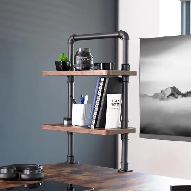 Alt view image 2 of 7 - Clamp-on Premium 16 inch Industrial Pipe 2-Tier Tabletop Shelving, Heavy Duty Desk Extension Organizer, Modern Desktop Display Shelf, Rustic Vintage Brown Shelves, DESK-SHELF16-2N