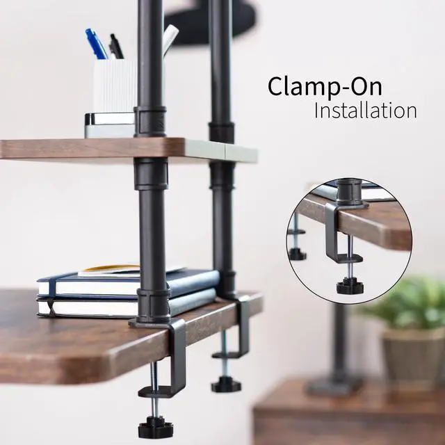 Alt view image 5 of 7 - Clamp-on Premium 16 inch Industrial Pipe 2-Tier Tabletop Shelving, Heavy Duty Desk Extension Organizer, Modern Desktop Display Shelf, Rustic Vintage Brown Shelves, DESK-SHELF16-2N