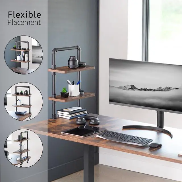 Alt view image 4 of 7 - Clamp-on Premium 16 inch Industrial Pipe 2-Tier Tabletop Shelving, Heavy Duty Desk Extension Organizer, Modern Desktop Display Shelf, Rustic Vintage Brown Shelves, DESK-SHELF16-2N
