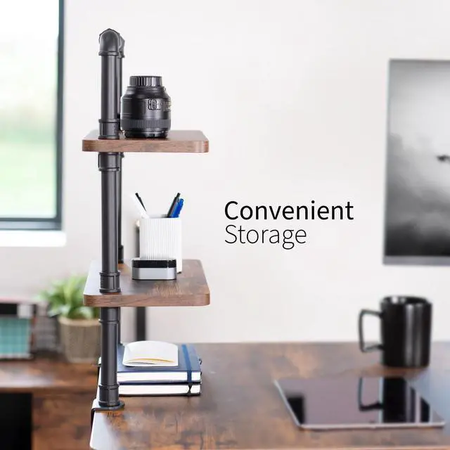 Alt view image 7 of 7 - Clamp-on Premium 16 inch Industrial Pipe 2-Tier Tabletop Shelving, Heavy Duty Desk Extension Organizer, Modern Desktop Display Shelf, Rustic Vintage Brown Shelves, DESK-SHELF16-2N