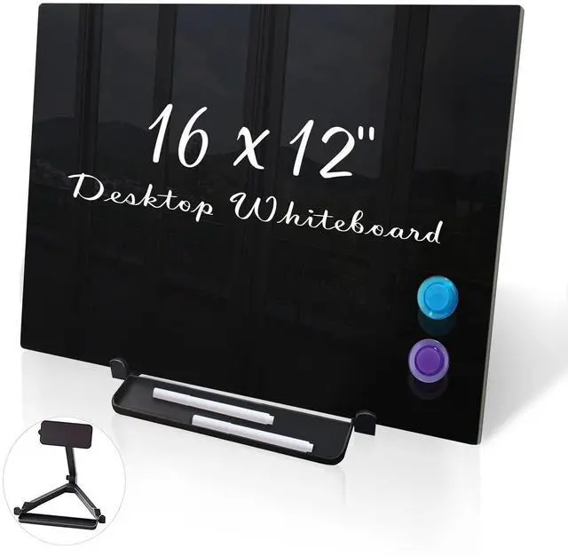 Main image of Black Magnetic Glass Board Desktop Easel, 16x12 Black Dry Erase Board for Desk, Tabletop Glass Whiteboard on Adjustable Stand, Portable Tempered Glass Board for Office Home