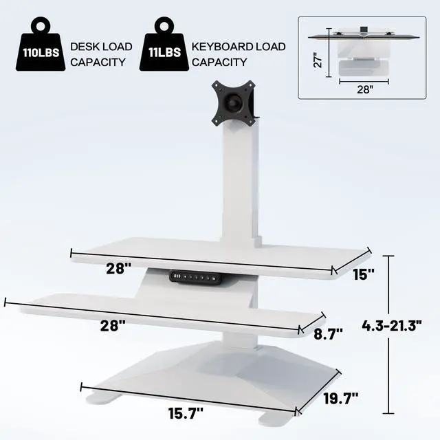 Alt view image 2 of 7 - Electric Standing Desk Converter 28" Wide, Height Adjustable Desk Riser, Computer Workstation, Sit-Stand Convertor for Home, Office, School (White, 1 Arm Included)