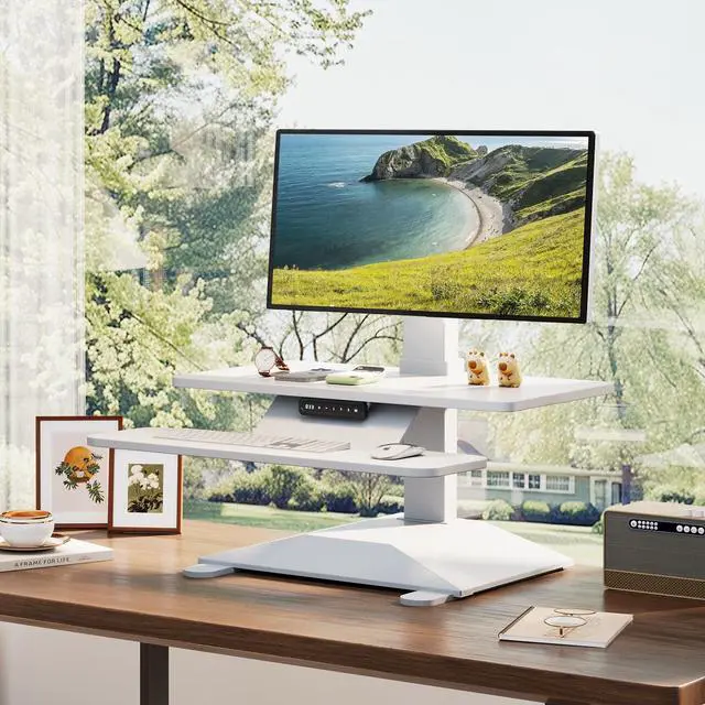 Main image of Electric Standing Desk Converter 28" Wide, Height Adjustable Desk Riser, Computer Workstation, Sit-Stand Convertor for Home, Office, School (White, 1 Arm Included)